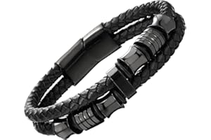 COOLSTEELANDBEYOND Mens Double-Row Braided Leather Bracelet Bangle Wristband with Stainless Steel Ornaments