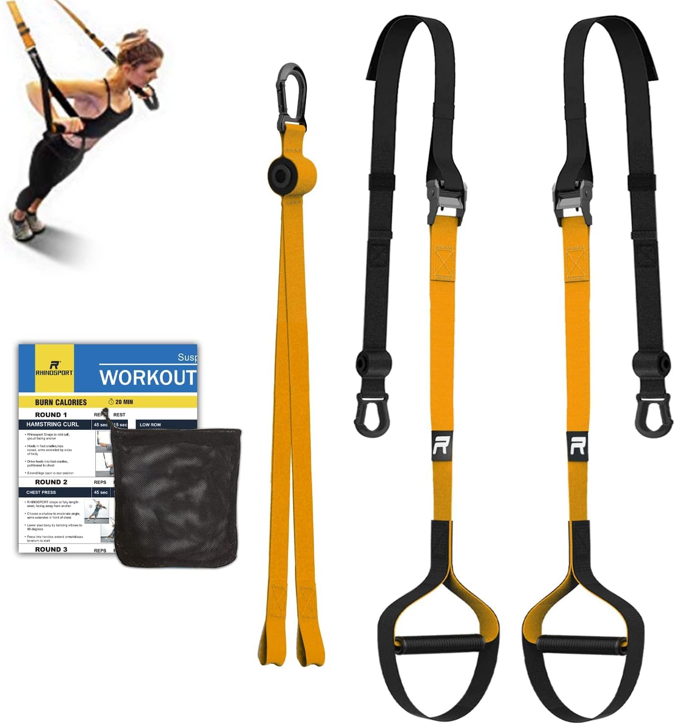 RHINOSPORT Suspension Straps Training Kit with Adjustable Door Hook Home Fitness Suitable for Travelling