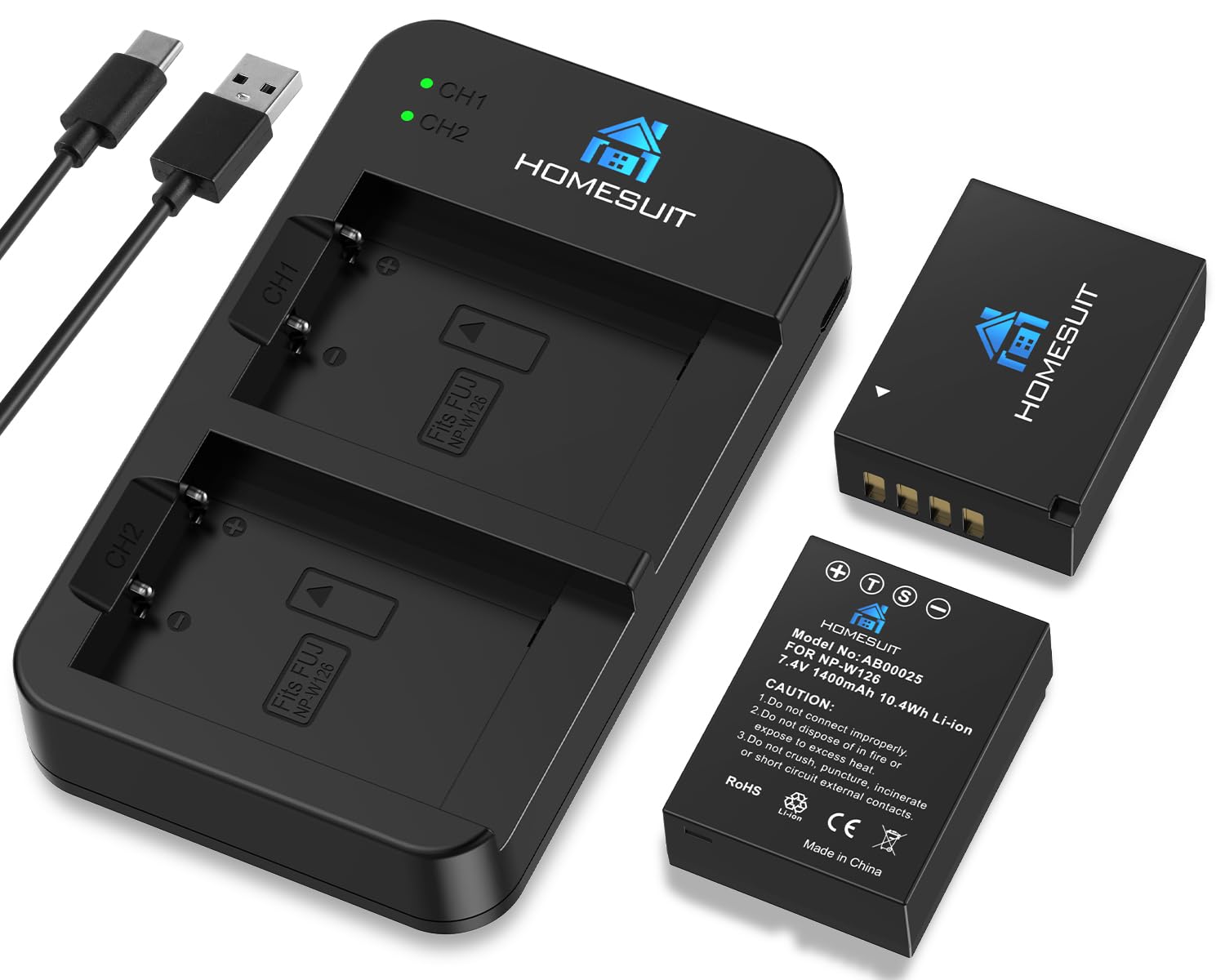 Homesuit NP-W126 NP-W126S Replacement Battery 1400mAh and Dual USB Charger for Fujifilm X100V X100VI X100F XT50 XT30II XT30 XT20 XT10 X-T1/2/3 XA1/2/3/4/5/7 X-E1/2/3 X-H1 X-M1 Xpro1/2/3 (2-Pack)