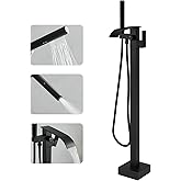 RUMOSE Tub Filler Freestanding Bathtub Faucet Matte Black Floor Mount Tub Faucet Waterfall Free Standing Bathtub Filler High Flow Brass Bath Shower Faucets with Handheld Sprayer