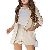 Batermoon Girls 2 Piece Outfits Button Front Long Sleeve Blazer and Short Pants Suit Sets 4-14 Years