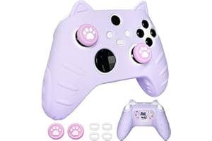 HLRAO Purple Cat Ear Xbox Series Controller Cover - Cute Silicone Skin with Cat & Paw Prints + 2 Matching Cat Paw Thumbstick 
