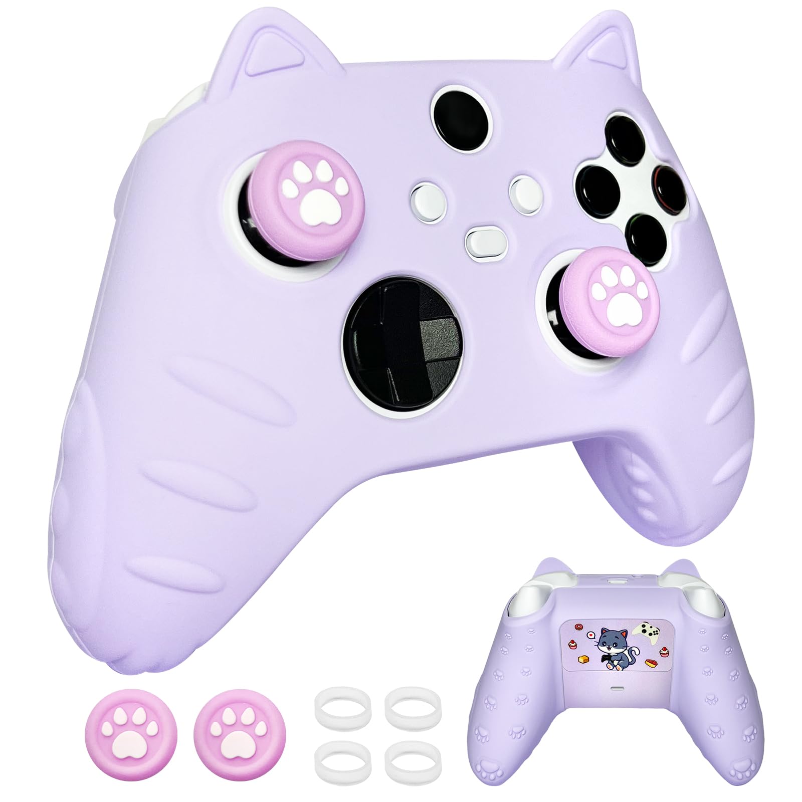 HLRAO Purple Cat Ear Xbox Series Controller Cover - Cute Silicone Skin with Cat & Paw Prints + 2 Matching Cat Paw Thumbstick Caps | Kawaii Cute Stickers Non-Slip Grip for Xbox Series X/S Controller