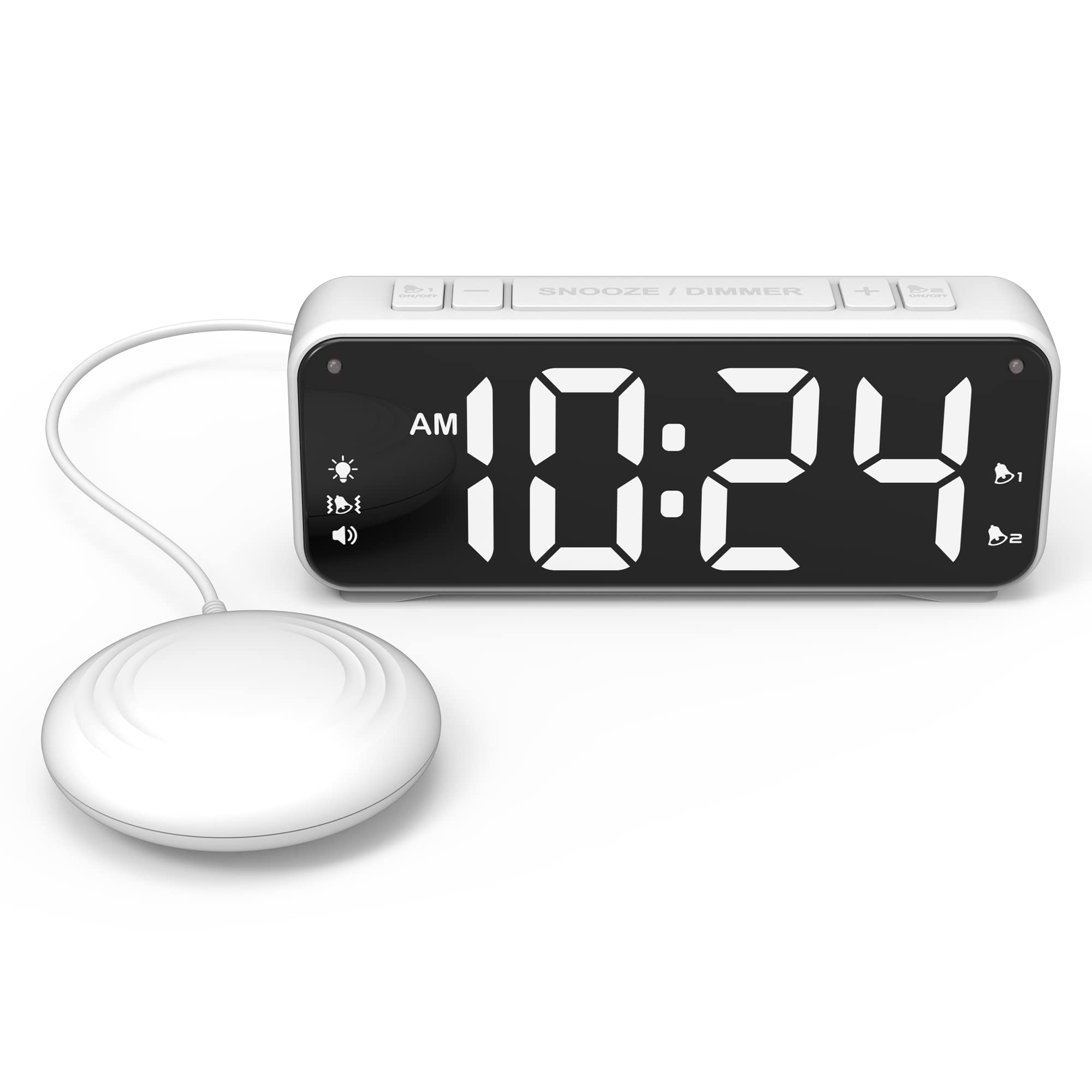Extreme Powerful Vibration Alarm Clock + Extra Loud Alarm for Heavy Sleeper/Deaf/Hearing Impaired, Extra Large Display for Elderly with Dual Alarm, Snooze and 5-level Adjustable Brightness (WHITE)