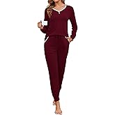 Becotal Soft Womens Pajama Sets Lace Lounge Sets V-neck Cotton Pajamas 2 Piece Long Sleeve Top with Jogger Pants Loungewear Set with Pockets Sleep Shirts Wine Red XXL
