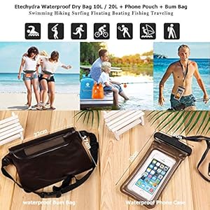 Etechydra Dry Bag 20L Rucksack Wasserdicht Taschen, Ultralight Wasserdichter Packsack Sack Beutel Outdoor für Boote Strand, Kajak, Camping, Bootfahren, Schwimmen, Angeln, Wandern, Schwarz. 5 Schnorchelmasken ★LIGHTWIGHT DURABLE NYLON RUCKSACK - Unsere Dry Bag Wasserdichter Packsack besteht aus Nano-Dacron-Material, ist extrem langlebig, ungiftig und geruchlos. Im Vergleich zur traditionellen Strand Wasserdichte Taschen ist unsere Faltgröße nur die Hälfte davon, leicht, faltbar und tragbar. Die Integration von Aufbewahrungstasche und wasserdichtem dry bag ultralight Rucksack erhöht die Kapazität und die bequeme Aufbewahrung.
★AUSGEZEICHNETER WASSERDICHTER TROCKENSACK- Der wasserdichte und reißfeste Etechydra Wassertasche Packsack 10L /20L bietet einen hohen Schutz für wichtige Gegenstände wie Smartphones, Kameras, Dokumente, Kleidung usw. Die neuesten wasserdichten PVC-Streifen sorgen für Wasserdichtigkeit Dichtung. Kajakfahren Wasserdichte Taschen Beutel Es ist sehr sicher im Wassersport zu verwenden.
★WET DRY SEPARATION VERSATILE DRY BAG - Wasserdichte taschen outdoor Dank des Designs für Nass-Trocken-Trennung und Seitentaschen können Sie nasse Kleidung hineinlegen, Halten Sie alles trocken zum Schwimmen, Bootfahren, Kajakfahren aber auch für Outdoor-Aktivitäten wie Camping, Wandern. Der reflektierende Streifen der Reißverschlusstasche kann Ihre Sicherheit im Dunkeln schützen. Die Seitentaschen eignen sich hervorragend für Wasserflaschen und Regenschirme.