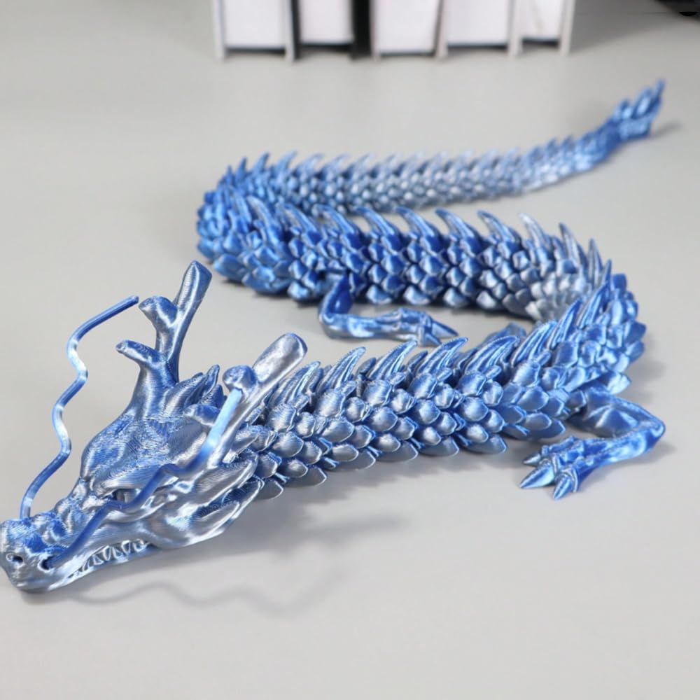 35.4 Inch Large 3D Printed Dragon Toy with Gift Box, Articulated Chinese Dragon Action Figure - Fidget Toy, Creative Play & Collectible Desk Decor, Unique Gift for Kids, Teens & Adults (Bule Silver)