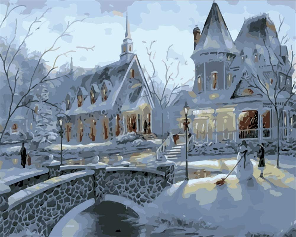 JOLOMOY DIY Paint by Numbers Kits for Adults, DIY Oil Painting by Number for Kids Beginner - Snowman Snow Church Scenery 16X20 inch Christmas Home Decor (Frameless)
