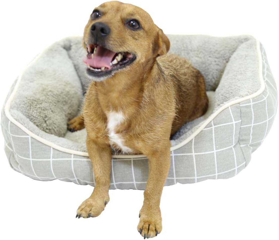Charles Bentley Plush Check Soft Furry Washable Anti-Skid Dog Cat Pets Bed - Fully Assembled in Grey - Small