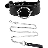 Tosmifairy Black Wide Soft Faux Leather Collar Choker and Chain Set,Adjustable Thick PU Necklace for Cosplay, Big Ring Charm Chocker