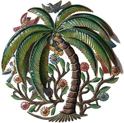 3D Coconut Palm with Birds and Flowers - Antique - Haitian Metal Drum Art (18 inch)