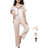 WJing Yi Jia Womens Pajamas Set XS-4XL Silk Satin Pajama Sets Short Pj Sets Button Down Pjs Set Loungewear Sleepwear