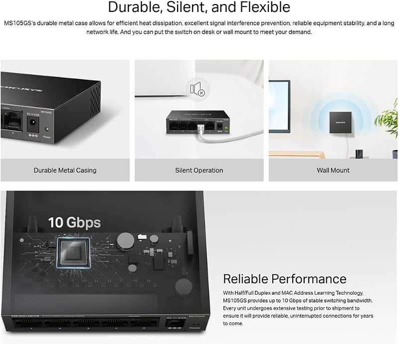MS105GS-Switch 5G, 5 Puertos, Plug and Play, sin Ventilador, RJ45