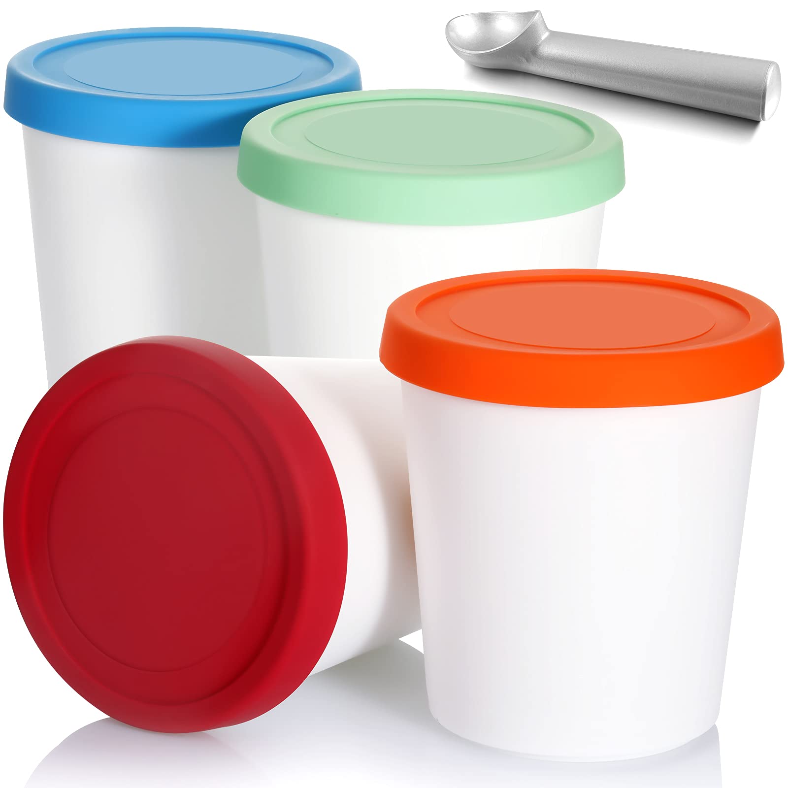Photo 1 of Nuenen 5 Pack Ice Cream Containers 1Qt Freezer Storage Tubs with Silicone Lids and Spoon for Homemade Ice Cream Reusable, Sorbet Dishwasher Safe(Blue, Red, Green, Orange)