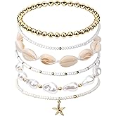 Mikovivi 6pcs Summer Beach Bracelets, Stackable Seashell Starfish Boho Women Elastic Sea Shell Beaded Bracelet Heishi Surfer Jewelry Decoration Accessories and Gifts for Summer Beach Vacation Party