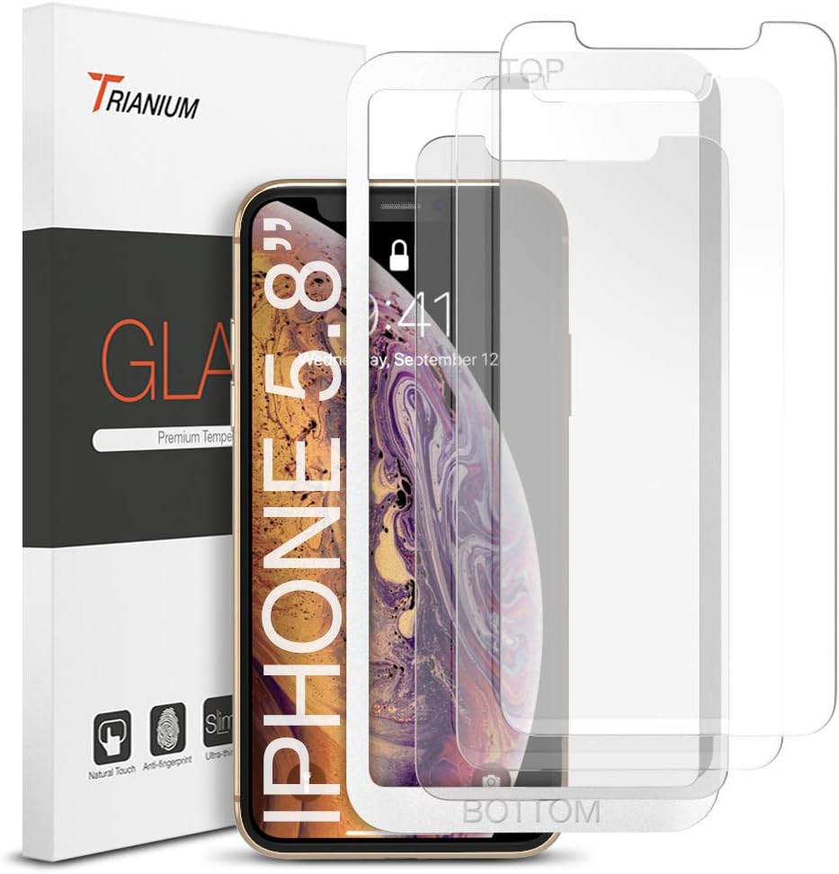 Trianium (3 Packs) Screen Protector Designed for Apple iPhone 11 Pro, iPhone XS, iPhone X 2019 2018 2017 Premium HD CLARITY 0.25mm Tempered Glass Screen Protector with Alignment Case Frame (3-Pack)