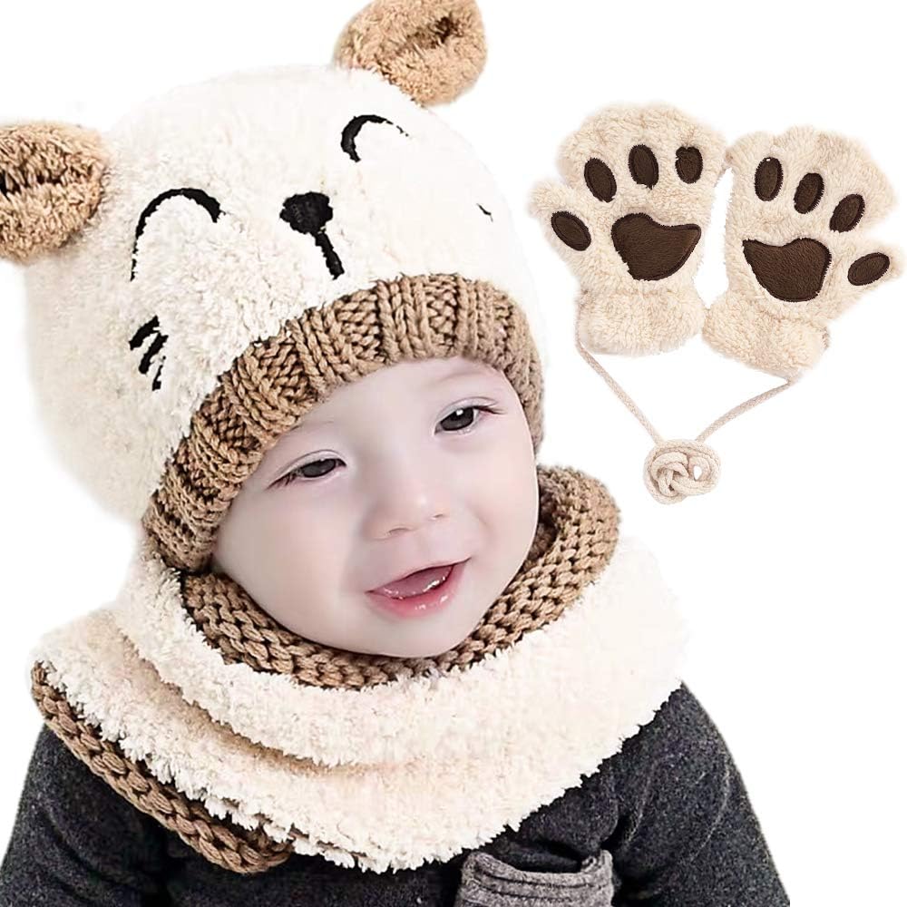 Baby Hat Winter Hat Scarf and Gloves 3pcs/Set, Knitted Warm Beanie Cap with Circle Loop Scarf, Crochet Hat and Neck Warmer for Kids (Beige)