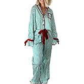 SOOKABEILA Women Christmas 2 Piece Pajamas Set Y2k Bow Tie Long Sleeve Shirt Wide Leg Pants Cute Print Matching Pjs Sets