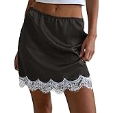 Womens Lace Satin Mini Skirt Low Rise Elastic Waist Lace Trim Half Slips Y2K Fairy Underskirt