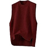 OYOANGLE Women's Split Hem Crew Neck Sweater Vest Sleeveless Pullover Sweater Tops Burgundy Small