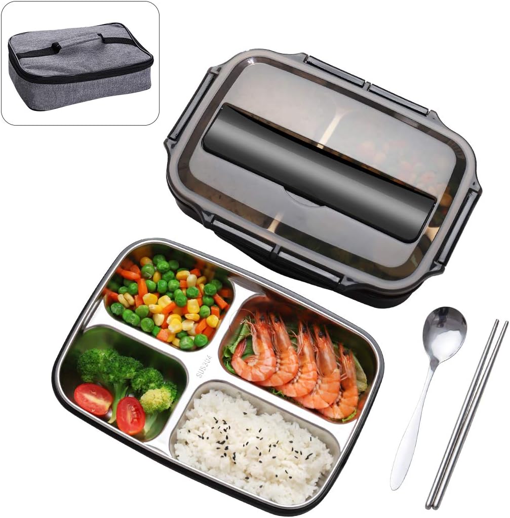 HOLD U FUN Stainless Steel 4-Compartment Lunch Box With Insulation Bag and Spoon Chopstick,Food Container Office Bento Boxes For Adults,Good For Work School (Black)