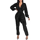 KnoInt Women Sparkly Dressy Jumpsuit Deep V Neck Long Sleeve Clubwear Plus Size Wide Leg Long Pants Rompers