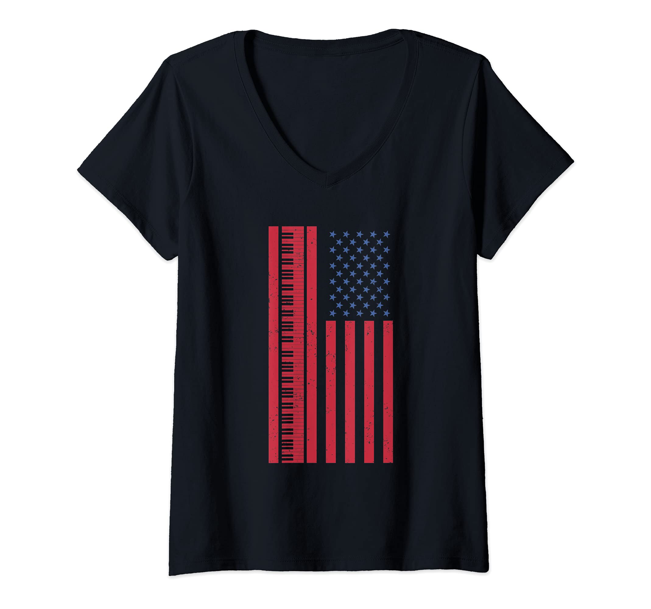Womens US Flag Keyboard Proud American Pianist Musician Piano V-Neck T-Shirt