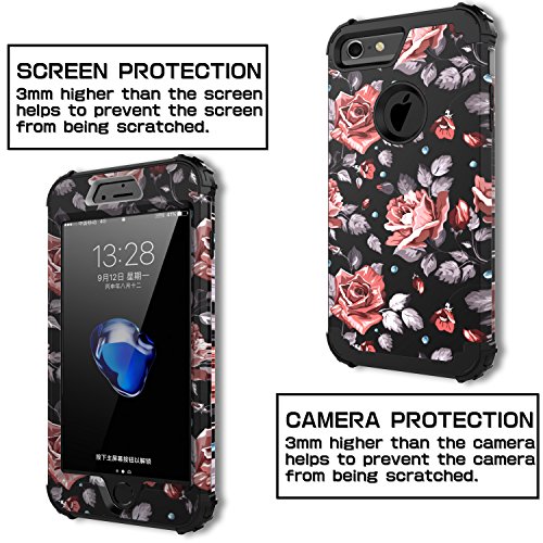 SKYLMW Case for iPhone 6 Plus, Case for iPhone 6s Plus, Three Layer Heavy Duty High Impact Resistant Hybrid Protective Cover Case for iPhone 6 Plus/6s Plus, Rose Flower/Black
