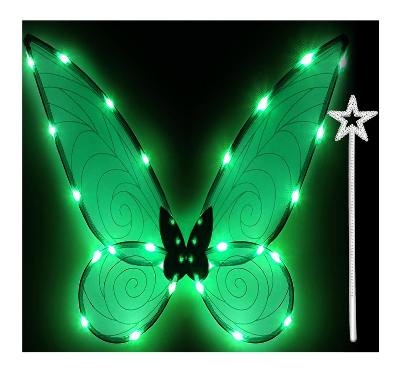 Tanganan Light up Fairy Wings Butterfly Wings for Adult Girls,LED Fairy Wing Sparkle Angel Wings for Women Halloween Cosplay Costume Angel Wings Dress Up (Green+Wand)