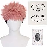 Aqnhec Pink and Black Wig for Yuji Cosplay Short Anime Wig with Tattoo Synthetic Heat Resistant Costume Hair Halloween Party Wig with Cap