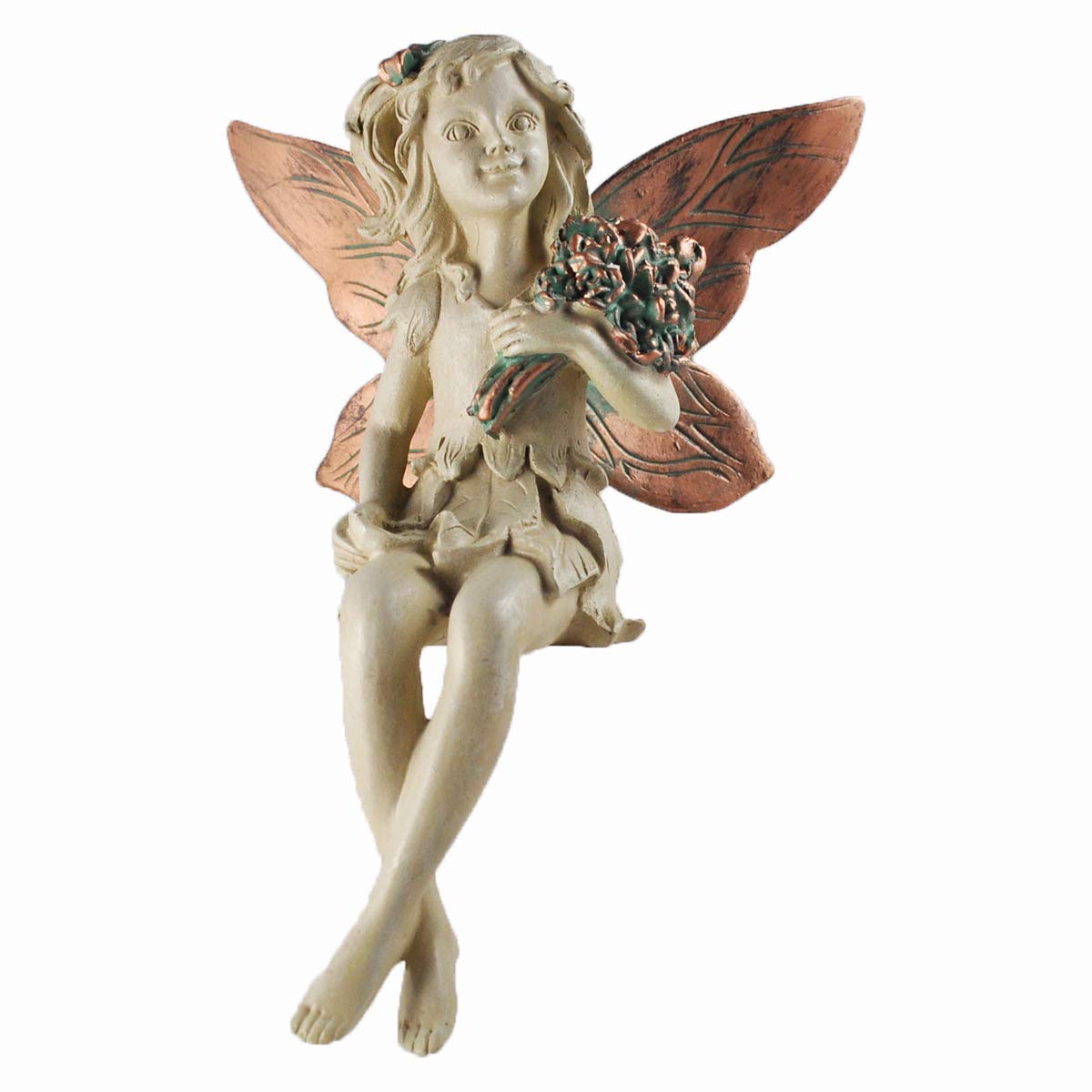 Prezents.com Forest Fairy Shelf Sitter with Bouquet Copper Winged White Sculpture Figurine Art Deco Girl Garden Home Decor Gift H19cm
