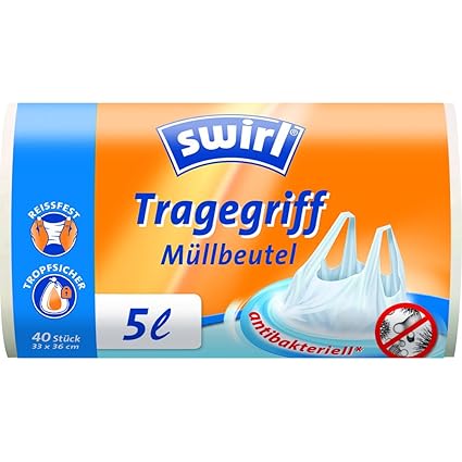 Swirl Tragegriff-Müllbeutel, 5 Liter, Antibakteriell, 4 Rollen mit je 40 Beuteln, Weiß
