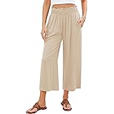 GRAPENT Capri Pants for Women High Waisted Wide Leg Linen Palazzo Trousers Pull On Elastic Smock Waist Loose Flowy Pants