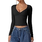 QINSEN Women's Long Sleeve V Neck T Shirts Double Lined Crop Top Seamed Cup Going Out Tops