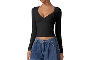 QINSEN Women's Long Sleeve V Neck T Shirts Double Lined Crop Top Seamed Cup Going Out Tops