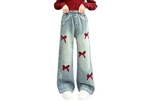 Jeans for Girls Baggy Wide Leg Cute Bow Love Heart High Elastic Waisted Denim Pants Y2K Streetwear Preppy Clothes 5-14Y