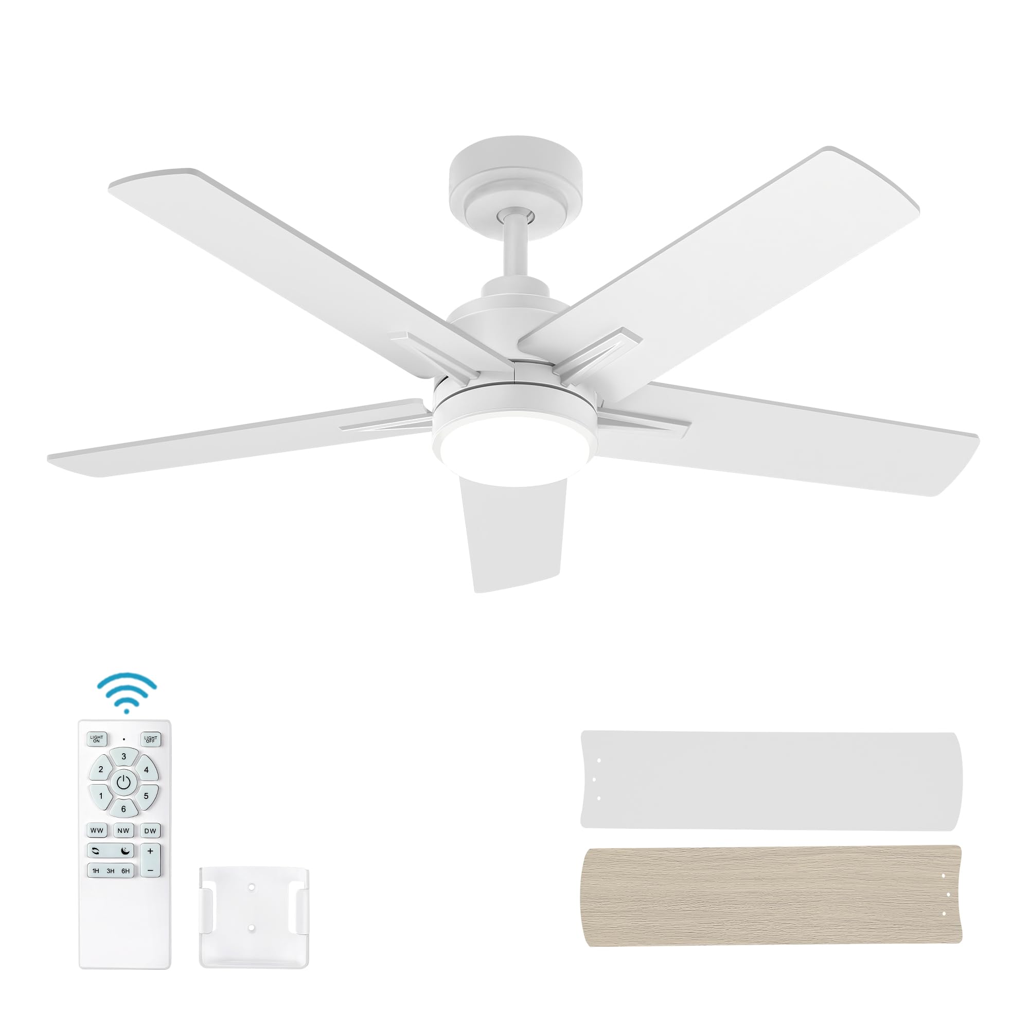 Photo 1 of EasyNice 42 Inch White Ceiling Fan with Light and Remote Control,Dimmable 3 Color Temperatures LED Ceiling Fan,6 Speeds Reversible DC Motor,5 Blades Modern Ceiling Fans for Indoor or Covered Outdoor