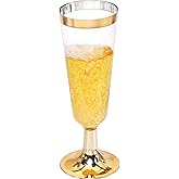 TemBe 50 Disposable Plastic Champagne Flutes, 5Oz Toasting glasses for decoration, Wedding, Birthdays, bridal shower party, Premium Quality and Reusable(Gold)