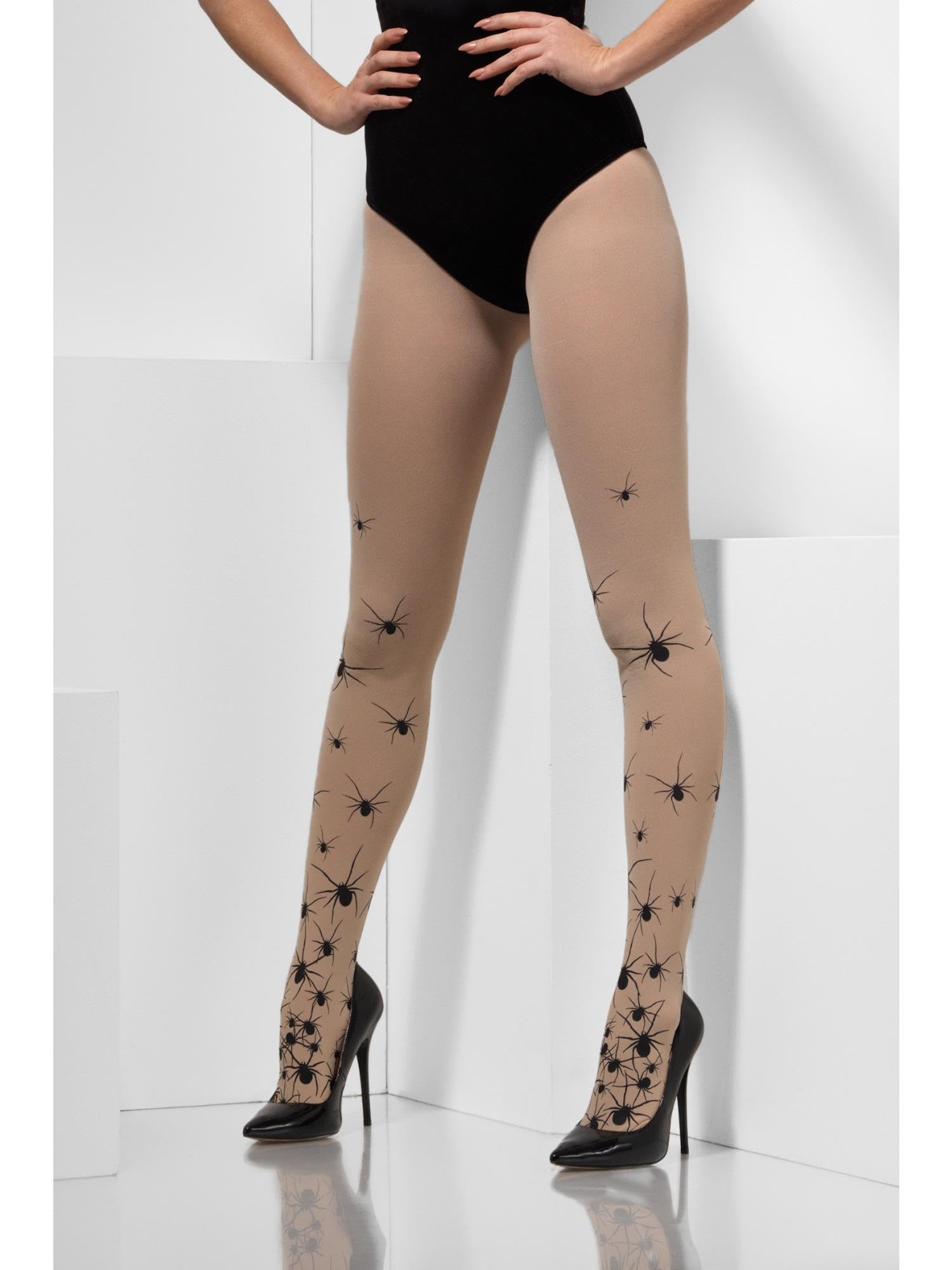 Smiffys Opaque Tights with Spiders, Nude & Black , Fever Hosiery Fancy Dress, Witch Dress Up Accessories