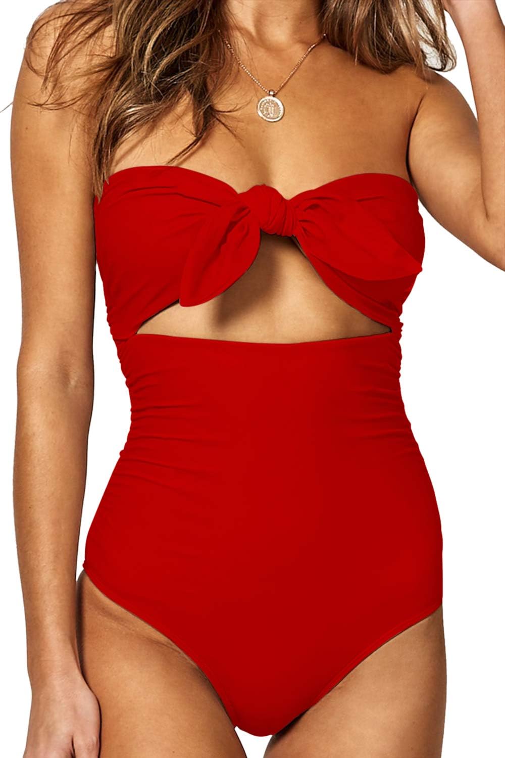 Women's Beandeau Tie Knot Front Cut Out High Waist One Piece Swimsuits