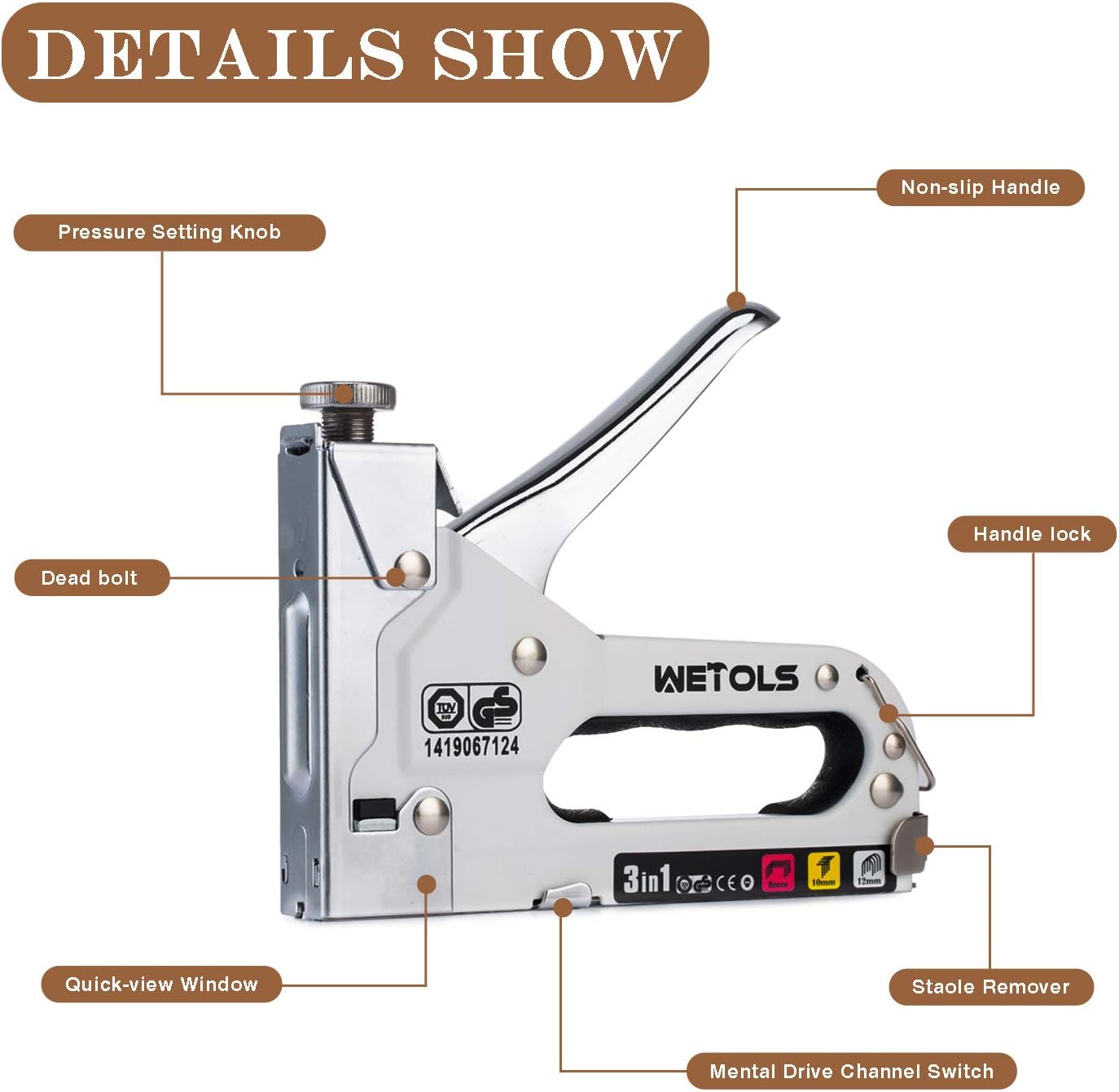 WETOLS Staple Gun with Remover, Heavy Duty Staple Gun, 3 in 1 Manual Nail Gun with 3000 Staples(D, U and T-Type), for Upholstery, Material Repair, Carpentry, Decoration, Furniture, DIY WE-809 : Office Products