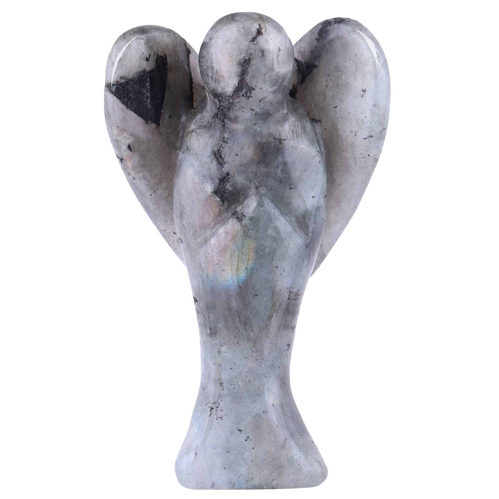 mookaitedecor 3 Inch Labradorite Crystal Guardian Angel Ornament with Heart Wings Love Peace Moonstone Crystal Angel Statue Carved Healing Crystal Angel Gift Grey Angel Figurine Sculpture Room Decor
