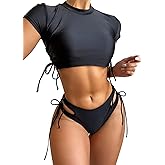 Lilosy Drawstring Bikini Set Srting Swimsuit Short Sleeve Top and Tie Side Bottom 2 Piece
