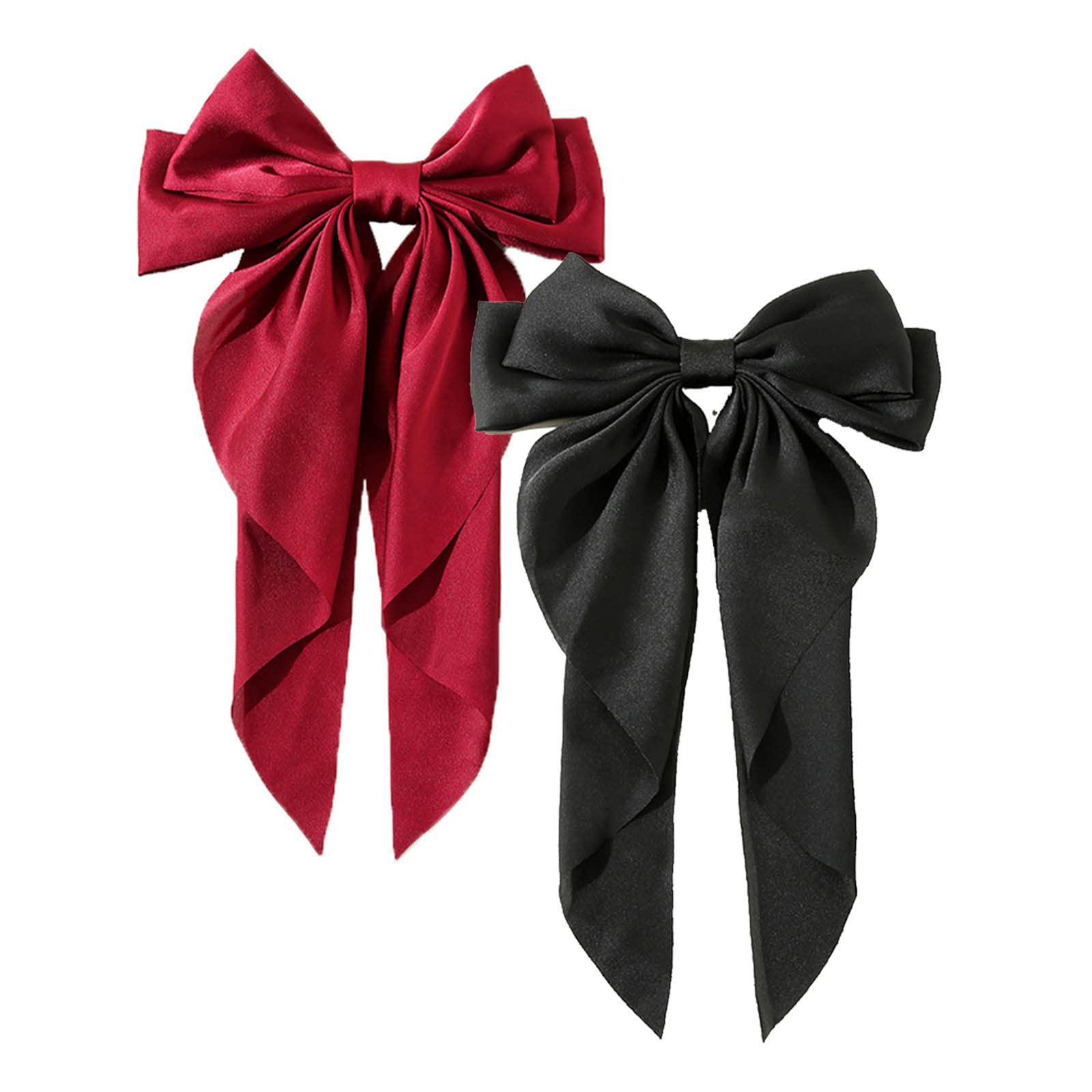 Golden Apple 2Pcs Super Big Bow Hair Clips French Style Soild Color Knotted Bowknot Spring Snap Barrettes Hair Clips with Long Ribbon for Women Girls (WineRed+Black)