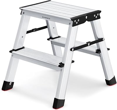 SONGMICS 2 Step Aluminium Ladder 150 kg Load Capacity Foldable Lightweight