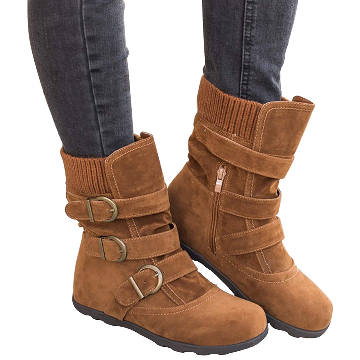 Susanny Ankle Boots for Women Warm Winter Zip Suede Booties Buckle Strappy Shoes Round Toe - Image 4