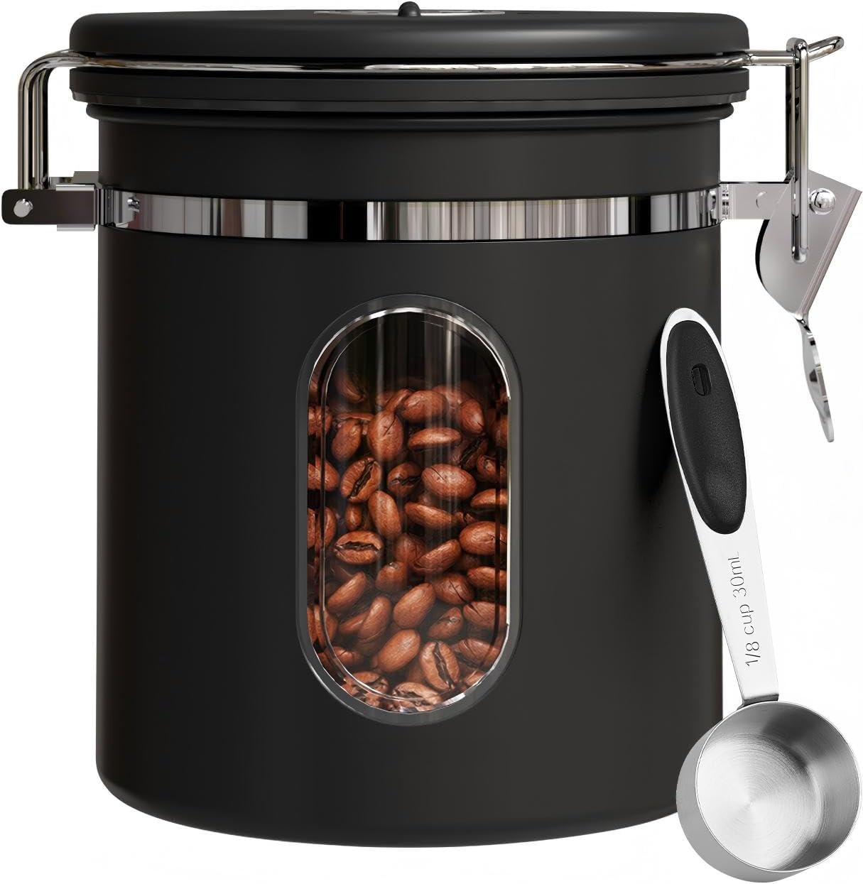 COMIWIN 1500ml Coffee Canister with Window 16oz, Date Tracker & Scoop, Ground Beans, Airtight Stainless Steel Kitchen Food Storage Container, Tea, Cereal, Sugar, Bar Accessories Gifts, Black Jar