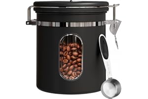 COMIWIN 1500ml Coffee Canister with Window 16oz, Date Tracker & Scoop, Ground Beans, Airtight Stainless Steel Kitchen Food St