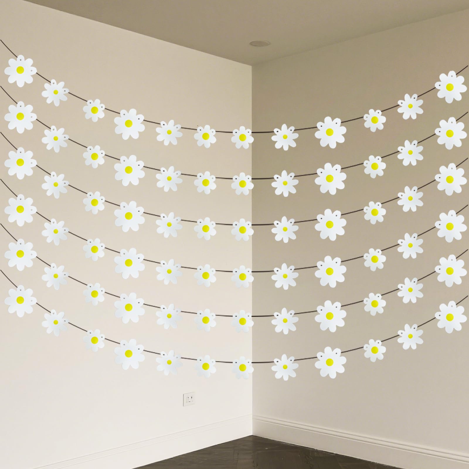 Photo 1 of Neyeidru 6Pcs White Daisy Banner Garland Flower Hanging Bunting for Girl Boy Groovy Hippie Boho Birthday Party Decoration