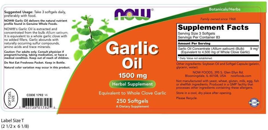 NOW Supplements, Garlic Oil 1500 mg, Serving Size Equivalent to Whole Clove Garlic, 250 Softgels: Health & Personal Care